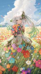 Rule 34 | 1girl, armlet, artist name, blue flower, bouquet, braid, child, closed mouth, cloud, commentary, comodomodo, cross-shaped pupils, day, dress, english commentary, field, flower, flower field, genshin impact, grass, green eyes, green hair, hair between eyes, hair ornament, highres, holding, holding bouquet, leaf hair ornament, long hair, looking at viewer, making-of available, multicolored hair, nahida (genshin impact), orange flower, outdoors, pointy ears, purple flower, red flower, side ponytail, sidelocks, single braid, smile, solo, streaked hair, symbol-shaped pupils, two-tone hair, white dress, white flower, white hair, yellow flower