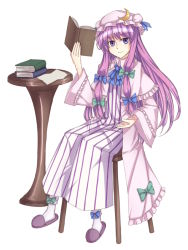 Rule 34 | 1girl, blush, book, bow, chair, crescent, dress, female focus, full body, hair bow, hair ribbon, hat, long hair, note, patchouli knowledge, purple eyes, purple hair, ribbon, sitting, smile, solo, table, take5321, touhou