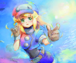 Rule 34 | 1girl, :d, belt, blonde hair, blush, breasts, brown gloves, buttons, cabbie hat, cloud, commentary request, day, dinef, gloves, green eyes, hat, jacket, long hair, looking at viewer, mega man (series), mega man legends (series), open mouth, red jacket, roll caskett (mega man), short sleeves, shorts, sky, smile, solo, upper body