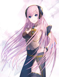 Rule 34 | 1girl, bare shoulders, black skirt, blue eyes, blue nails, breasts, cleavage, detached collar, hand on own hip, headphones, highres, ixima, large breasts, long hair, long skirt, looking at viewer, megurine luka, megurine luka (vocaloid4), nail polish, navel, pink hair, side slit, skirt, solo, thighhighs, v4x, very long hair, vocaloid
