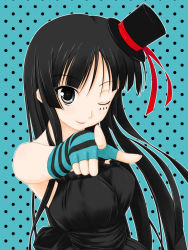 Rule 34 | 00s, 1girl, akiyama mio, asamiya, bare shoulders, black hair, don&#039;t say &quot;lazy&quot;, dress, fingerless gloves, gloves, grey eyes, hat, k-on!, long hair, mini hat, mini top hat, one eye closed, pointing, single glove, smile, solo, striped clothes, striped gloves, top hat, wink