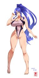 Rule 34 | 1girl, absurdres, alternate breast size, artist request, barefoot, blue hair, breasts, competition swimsuit, covered navel, high ponytail, highleg, highleg swimsuit, highres, hime cut, large breasts, lips, long hair, looking at viewer, one-piece swimsuit, ponytail, red eyes, shiny skin, simple background, solo, swimsuit, taimanin (series), taimanin asagi, taimanin murasaki, very long hair, white background, wide hips, yatsu murasaki