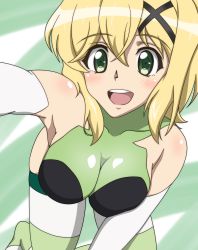 Rule 34 | 1girl, a k g e 0325, absurdres, akatsuki kirika, all fours, blonde hair, blush, breasts, cleavage, elbow gloves, gloves, green eyes, green leotard, hair ornament, highres, leotard, looking at viewer, medium breasts, open mouth, outstretched arm, senki zesshou symphogear, shiny clothes, shiny skin, short hair, smile, solo, striped clothes, striped legwear, striped thighhighs, thighhighs, x hair ornament