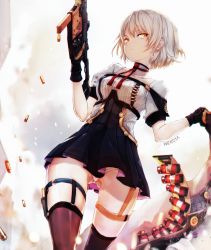 Rule 34 | 1girl, black gloves, black skirt, blurry, blurry background, breasts, brown eyes, brown hair, brown thighhighs, bullet, closed mouth, commentary request, depth of field, girls&#039; frontline, gloves, gluteal fold, gun, hair between eyes, highres, holding, holding gun, holding weapon, kriss vector, looking at viewer, medium breasts, nekoya (liu), panties, pleated skirt, puffy short sleeves, puffy sleeves, resolution mismatch, shirt, short sleeves, shotgun shell, signature, skirt, solo, source larger, standing, submachine gun, thighhighs, underwear, vector (girls&#039; frontline), weapon, white panties, white shirt