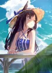 Rule 34 | 1girl, absurdres, animal ears, bare shoulders, blue dress, blurry, blurry foreground, breasts, brown hair, closed mouth, cloud, criss-cross halter, day, dress, ears through headwear, halterneck, hat, highres, horse ears, long hair, looking to the side, mejiro dober (umamusume), mejiro dober (vacation safir) (umamusume), outdoors, railing, sleeveless, sleeveless dress, small breasts, smile, solo, standing, sun hat, umamusume, unfinished, yu hydra