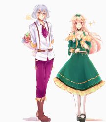 Rule 34 | 10s, 1boy, 1girl, ascot, blonde hair, boots, bouquet, collar, crossover, dress, flora blossom, flower, hair ornament, hair ribbon, highres, holding, holding behind back, honebami toushirou, kantai collection, mary janes, red eyes, ribbon, shoes, silver hair, touken ranbu, yuudachi (kancolle)