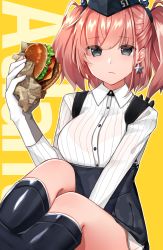 Rule 34 | 1girl, atlanta (kancolle), black hat, black skirt, brown hair, burger, buttons, closed mouth, collared shirt, earrings, food, garrison cap, gloves, grey eyes, hat, high-waist skirt, highres, holding, holding food, jewelry, kantai collection, katsuobushi (eba games), long hair, long sleeves, multicolored clothes, multicolored gloves, partially fingerless gloves, shirt, skirt, solo, star (symbol), star earrings, suspender skirt, suspenders, twintails, white shirt