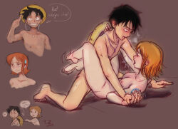 Rule 34 | 1boy, 1girl, black hair, breasts, completely nude, couple, hat, hat on back, highres, leg lock, lying, medium breasts, medium hair, missionary, monkey d. luffy, multiple views, nami (one piece), nude, on back, one piece, orange hair, shoulder tattoo, simple background, straw hat, tattoo
