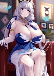 Rule 34 | 1girl, alternate costume, armlet, azur lane, bare shoulders, blue eyes, blunt bangs, blush, breasts, dress, elbow gloves, feet out of frame, gloves, highres, illustrious (azur lane), illustrious (soft light and a melody) (azur lane), large breasts, long hair, looking at viewer, mole, mole under eye, parted lips, sitting, solo, thighlet, thighs, wee (weeyy), white dress, white gloves