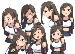 Rule 34 | 1girl, arms behind back, bare shoulders, black gloves, black hair, black skirt, blush, breasts, brown hair, closed eyes, closed mouth, crop top, cropped torso, embarrassed, expressions, fighting stance, final fantasy, final fantasy vii, final fantasy vii rebirth, final fantasy vii remake, fingerless gloves, from side, gloves, hand on own face, imminent punch, large breasts, long hair, midriff, multiple views, navel, open mouth, parted lips, profile, red eyes, sad, serious, single arm guard, skirt, smile, suspender skirt, suspenders, swept bangs, tank top, tears, tifa lockhart, tsubobot, upper body, white background, white tank top