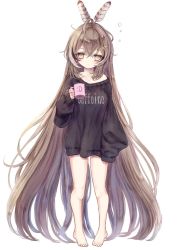 Rule 34 | 1girl, :d, ahoge, bare legs, barefoot, black sweater, brown eyes, brown hair, cup, feather hair ornament, feathers, hair ornament, hairclip, highres, holding, holding cup, hololive, hololive english, legs, long hair, megts0331, mug, multicolored hair, nanashi mumei, open mouth, oversized clothes, sleepy, sleeves past fingers, sleeves past wrists, smile, streaked hair, sweater, toes, very long hair, virtual youtuber