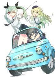 Rule 34 | 3girls, :d, ;d, anchovy (girls und panzer), anzio school uniform, arm support, belt, beret, black belt, black hair, black headwear, black neckwear, black ribbon, black skirt, blonde hair, box, braid, brown eyes, car, carpaccio (girls und panzer), commentary, dress shirt, drill hair, driving, fiat, fiat 500, girls und panzer, green eyes, green hair, grin, hair ribbon, hand in own hair, harasu (harasu888), hat, highres, holding, leaning forward, leaning to the side, long hair, long sleeves, looking at viewer, miniskirt, motor vehicle, multiple girls, necktie, one eye closed, open mouth, pantyhose, pepperoni (girls und panzer), pleated skirt, red eyes, ribbon, riding crop, school uniform, shirt, short hair, side braid, simple background, skirt, sleeves rolled up, smile, standing, tomato, twin drills, twintails, v-shaped eyebrows, vehicle focus, white background, white legwear, white shirt, wind, wing collar