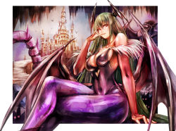 Rule 34 | 1girl, animal print, bare shoulders, bat print, bat wings, black leotard, blunt bangs, breasts, bridal gauntlets, building, capcom, cleavage, clothing cutout, crossed legs, demon, demon girl, elbow gloves, feet out of frame, finger to mouth, gloves, green eyes, green hair, head wings, heart cutout, highleg, highleg leotard, large breasts, leotard, long hair, looking at viewer, low wings, morrigan aensland, pantyhose, print pantyhose, purple gloves, purple wings, sideboob, sitting, solo, strapless, strapless leotard, sushi (sashimise), vampire (game), wings
