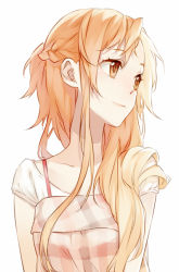 Rule 34 | 10s, 1girl, asuna (sao), braid, brown eyes, brown hair, casual, light smile, long hair, looking away, psd, simple background, solo, sword art online, upper body, white background