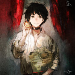 Rule 34 | 10s, 1boy, album cover, basket, black hair, blouse, brown eyes, carrying, carrying under arm, choker, collared shirt, cover, highres, holding, looking at viewer, male focus, maoyuu maou yuusha, official art, potato, shirt, short hair, sleeves rolled up, smile, solo, toi8, white shirt, yuusha (maoyuu)