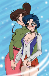 Rule 34 | 1990s (style), 2girls, belt, bishoujo senshi sailor moon, blue eyes, blue hair, blue theme, blush, bra, breasts, brown hair, choker, cleavage, clothes, clothes lift, earrings, embarrassed, eye contact, green eyes, hair bobbles, hair ornament, holding hands, jewelry, kino makoto, long hair, looking at another, mizuno ami, multiple girls, naughty face, necklace, open clothes, panties, pantyshot, ponytail, retro artstyle, short hair, shy, skirt, skirt lift, smile, sweater, underwear, wavy hair, yuri