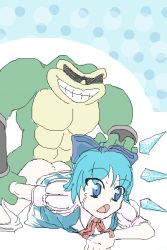 Rule 34 | 1boy, 1girl, aliasing, all fours, amphibian, ass, battletoads, bestiality, blue background, blue bow, blue eyes, blue hair, bow, cirno, clothed female nude male, clothed sex, clothes lift, colored skin, crossover, crying, crying with eyes open, dress, dress lift, eyes visible through hair, frog, green skin, grin, hair bow, hetero, interspecies, legs apart, muscular, nude, oekaki, panties around leg, parted bangs, polka dot, polka dot background, puffy short sleeves, puffy sleeves, rape, rareware, rash (battletoads), red neckwear, sex, sex from behind, short sleeves, simple background, sketch, smile, tears, touhou, wide-eyed, yellow skin