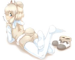 Rule 34 | 10s, 1girl, alpaca ears, alpaca suri (kemono friends), alpaca tail, animal ears, arched back, arm support, ass, back, blonde hair, blue eyes, closed mouth, commentary request, extra ears, feet, feet up, from behind, full body, fur scarf, fur trim, highres, horizontal pupils, kemono friends, long sleeves, looking at viewer, looking back, lying, medium hair, on stomach, pantyhose, pantyhose under shorts, scarf, shoes, unworn shoes, shorts, sidelocks, simple background, smile, soles, solo, sweater vest, tail, taut clothes, taut shorts, thin (suzuneya), toes, translation request, white background, white pantyhose