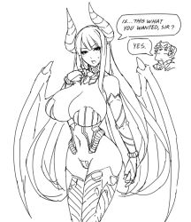Rule 34 | 00s, 1boy, 1girl, blush, breasts, bridal gauntlets, c-string, center opening, cleavage, cowboy shot, demon girl, demon horns, demon wings, detached collar, elbow gloves, embarrassed, eu03, gloves, greyscale, halloween, horns, huge breasts, idolmaster, lineart, looking at viewer, maebari, maximilian, maximilian gaius von reginrave, monochrome, navel, open mouth, revealing clothes, selvaria bles, senjou no valkyria, senjou no valkyria (series), senjou no valkyria 1, simple background, solo focus, standing, strapless bottom, sweatdrop, thighhighs, white background, wings
