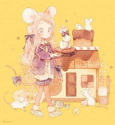 Rule 34 | 1girl, animal ears, blush, bow, braid, candy, candy cane, cardigan, checkerboard cookie, chocolate, cookie, food, gingerbread house, hair ribbon, holding, holding food, light brown hair, long hair, mouse (animal), mouse ears, mouse tail, notched ear, original, pantyhose, pechika, purple eyes, ribbon, slippers, solo, sugar cube, tail, tail bow, tail ornament, twitter username, walking, wavy hair, yellow background