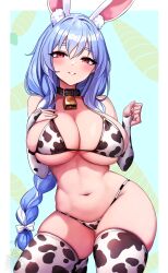 Rule 34 | 1girl, absurdres, animal ear fluff, animal ears, animal print, bare shoulders, bell, bikini, blush, braid, breasts, cleavage, collar, commentary, cow print, cowbell, english commentary, highres, hololive, large breasts, long hair, looking at viewer, mature female, navel, open mouth, pekomama, pekomon (usada pekora), rabbit ears, rabbit girl, red eyes, simple background, smile, stomach, swimsuit, thick eyebrows, underboob, unstableboiler, virtual youtuber, wide hips