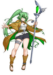 Rule 34 | 1girl, breasts, brown coat, cleavage, coat, commentary request, duel monster, full body, green eyes, green hair, high ponytail, highres, holding, holding staff, jewelry, long hair, medium breasts, pendant, short shorts, shorts, smile, solo, staff, thigh strap, two-sided coat, two-sided fabric, very long hair, winda (yu-gi-oh!), winda 4n96, winda priestess of gusto, wristband, yu-gi-oh!
