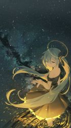 Rule 34 | 1girl, aqua hair, bare shoulders, black dress, black ribbon, chi chi3939, commentary, cowboy shot, crying, dress, english commentary, from above, from behind, glowing, hair between eyes, hair ribbon, halo, hands up, hatsune miku, highres, light particles, long hair, looking away, looking back, milky way, mixed-language commentary, motion blur, nature, night, night sky, off-shoulder dress, off shoulder, outdoors, outstretched arm, petticoat, ribbon, short dress, sky, solo, standing, star (sky), starry sky, very long hair, vocaloid, wading