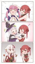 Rule 34 | +++, 3koma, 6+girls, ^^^, ^ ^, absurdres, blush, chibi, closed eyes, comic, eye contact, fidgeting, flying sweatdrops, hand on another&#039;s head, hat, headpat, highres, hololive, horns, houshou marine, japanese clothes, kiwami133, long hair, looking at another, minato aqua, minato aqua (1st costume), multiple girls, murasaki shion, murasaki shion (1st costume), nakiri ayame, nakiri ayame (1st costume), no headwear, oni, puckered lips, purple hair, pushing away, pushing face, red hair, silver hair, skin-covered horns, smile, surprised, sweatdrop, tearing up, upper body, virtual youtuber, witch hat