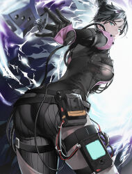 Rule 34 | 1girl, apex legends, ass, black bodysuit, black gloves, blue eyes, bodysuit, breasts, cable, electricity, from behind, gloves, hair behind ear, hair bun, highres, knife, kunai, leaning forward, looking back, medium breasts, meriko, official alternate costume, quarantine 722 wraith, single hair bun, solo, v-shaped eyebrows, weapon, wraith (apex legends)