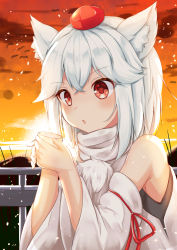 Rule 34 | 1girl, :o, animal ear fluff, animal ears, blush, cloud, cup, detached sleeves, hair between eyes, hat, high collar, holding, holding cup, inubashiri momiji, leotard, leotard under clothes, light particles, looking down, orange sky, outdoors, pom pom (clothes), railing, red eyes, red headwear, rururiaru, short hair, sky, standing, sunset, tokin hat, touhou, upper body, white hair, wolf ears
