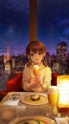 Rule 34 | 1girl, aran sweater, blush, brown hair, building, cable knit, chair, city, city lights, cityscape, cup, drinking glass, earrings, food, fork, hands up, highres, holding, holding cup, indoors, jewelry, knife, long sleeves, looking at viewer, night, original, parted lips, plate, purple eyes, short hair, sitting, sky, smile, solo, spoon, sweater, tokyo (city), tokyo tower, tsujin bohboh, turtleneck, turtleneck sweater, white sweater, window
