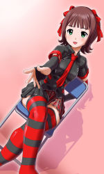 Rule 34 | 00s, amami haruka, brown hair, crossed legs, dutch angle, fingerless gloves, g-tetsu, gloves, green eyes, highres, idolmaster, idolmaster (classic), necktie, outstretched arm, outstretched hand, plaid, plaid skirt, punkish gothic, reaching, short hair, sitting, skirt, solo, striped clothes, striped thighhighs, thighhighs, zettai ryouiki