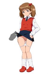 Rule 34 | 1girl, brown eyes, brown hair, cleft of venus, clothes lift, disembodied hand, disembodied limb, dolores haynes, full body, gundam, gundam 0080, hair bobbles, hair ornament, hand on own hip, hand on own thigh, highres, lifting another&#039;s clothes, long sleeves, looking at viewer, looking down, male hand, necktie, ome (mercury cigarette), pussy, school uniform, shirt, shoes, simple background, skirt, skirt lift, socks, solo focus, standing, sweater vest, twintails, uncensored, white background