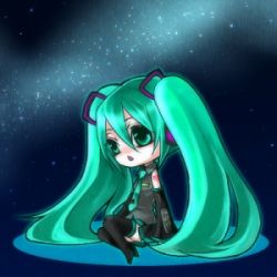 Rule 34 | 1girl, cage (artist), chibi, detached sleeves, green eyes, green hair, hatsune miku, headphones, long hair, lowres, matching hair/eyes, necktie, night, sasama keiji, skirt, sky, solo, star (sky), star (symbol), starry sky, thighhighs, twintails, vocaloid