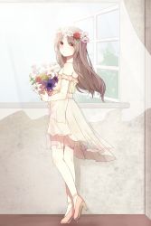 Rule 34 | bad id, bad pixiv id, bare shoulders, bouquet, brown dress, brown hair, curtains, dress, floating hair, flower, flower wreath, from side, full body, high heels, highres, holding, holding bouquet, holding flower, lmt (ksa1162), looking at viewer, looking back, original, red eyes, shade, solo, window