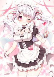 Rule 34 | 1girl, ;), alternate costume, animal ear fluff, apron, balloon, black dress, blush, breasts, cleavage, closed mouth, commentary request, dress, enmaided, frilled apron, frills, hair ornament, hair ribbon, hairclip, hand up, heart, highres, index finger raised, long hair, maid, maid headdress, mauve, medium breasts, nijisanji, one eye closed, petals, puffy short sleeves, puffy sleeves, red eyes, red ribbon, ribbon, shiina yuika, shiina yuika (5th costume), short sleeves, smile, solo, twintails, virtual youtuber, white apron, white hair, wrist cuffs
