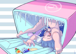 Rule 34 | 1girl, ass, bad feet, bad id, bad pixiv id, barefoot, blue hair, bottomless, bow, censored, circled 9, cirno, convenient censoring, feet, foreshortening, hair bow, in container, in refrigerator, legs, mundane utility, no panties, refrigerator, short hair, sleeping, soles, solo, toes, touhou, upside-down, v!ce