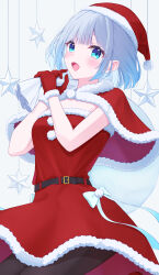 1girl absurdres belt blue_eyes blush bow capelet christmas commentary_request dress dress_bow fur-trimmed_capelet fur-trimmed_dress fur-trimmed_gloves fur_trim gloves hat highres holding holding_sack kaga_sumire looking_at_viewer open_mouth pantyhose pom_pom_(clothes) puni_(yuuki-0215) sack santa_dress santa_hat short_hair smile solo strapless strapless_dress virtual_youtuber vspo! white_hair