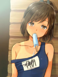 Rule 34 | 10s, 1girl, bad id, bad pixiv id, bare shoulders, brown eyes, brown hair, character name, collarbone, food, i-401 (kancolle), kanden sky, kantai collection, looking at viewer, mouth hold, one-piece swimsuit, one-piece tan, ponytail, popsicle, school swimsuit, short hair, short ponytail, solo, strap slip, swimsuit, tan, tanline, upper body