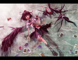 Rule 34 | 1girl, bad id, bad pixiv id, blood, death, empty eyes, female focus, guro, injury, lastdark, letterboxed, open mouth, photo (object), shameimaru aya, solo, touhou, water, wings