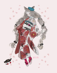 Rule 34 | 1girl, 2019, animal ears, aqua hat, beret, braid, cat ears, cat girl, chinese zodiac, closed mouth, floral print, full body, furisode, grey eyes, grey hair, hat, holding, japanese clothes, kimono, long hair, long sleeves, looking at viewer, nekosuke (oxo), obi, okobo, original, petals, pink socks, print kimono, red kimono, sandals, sash, simple background, socks, solo, standing, tabi, toy, twin braids, very long hair, white background, wide sleeves, year of the pig