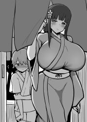 Rule 34 | 1boy, 1girl, age difference, blush, breasts, closed mouth, commentary request, curvy, flower, hair flower, hair ornament, hanabi (ocha), highres, huge breasts, japanese clothes, kimono, long hair, mature female, monochrome, obi, onee-shota, original, paid reward available, sash, sidelocks, sweat, wide sleeves