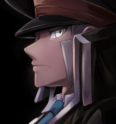 Rule 34 | 1boy, black background, black coat, black hat, blue necktie, closed mouth, coat, collared shirt, commentary request, creatures (company), from side, frown, game freak, grey eyes, grey hair, hat, high collar, highres, ingo (pokemon), long sideburns, male focus, necktie, nintendo, peaked cap, pokemon, pokemon bw, portrait, rei (esprei96), shirt, short hair, sideburns, simple background, solo, trench coat, white shirt