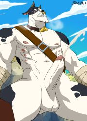 Rule 34 | 1boy, abs, buranko!, cow, cum, ejaculation, erection, fairy tail, highres, male focus, muscular, nude, outdoors, penis, solo, tagme, taurus (fairy tail), uncensored