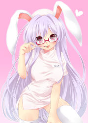 Rule 34 | 1girl, :p, animal ears, bad id, bad pixiv id, bespectacled, blush, breasts, etou (cherry7), female focus, glasses, hat, highres, large breasts, licking, long hair, nurse, nurse cap, purple hair, rabbit ears, red eyes, reisen udongein inaba, solo, thermometer, thighhighs, tongue, tongue out, touhou, very long hair, white thighhighs