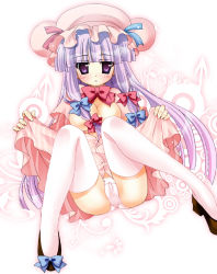 Rule 34 | 1girl, bad id, bad pixiv id, bow, breasts, clothes lift, crescent, crescent moon, dress, dress lift, female focus, gradient background, hair bow, hat, long hair, moon, no bra, no nipples, open clothes, open shirt, panties, pantyshot, patchouli knowledge, purple eyes, purple hair, shirt, small breasts, solo, thighhighs, touhou, underwear, usamiumi, white background, white panties, white thighhighs