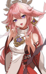Rule 34 | 1girl, absurdres, animal ears, breasts, detached sleeves, earrings, fang, fox ears, fox shadow puppet, genshin impact, hair between eyes, hands up, head tilt, headpiece, highres, jewelry, large breasts, long hair, looking at viewer, nontraditional miko, open mouth, pink hair, purple eyes, red skirt, ribbon-trimmed sleeves, ribbon trim, rope, shimenawa, shirt, simple background, skin fang, skirt, sleeveless, sleeveless shirt, smile, solo, turtleneck, upper body, white background, white shirt, white sleeves, wide sleeves, yae miko, ysanaen