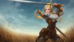 Rule 34 | 1girl, absurdres, arena of valor, belt, butterfly (arena of valor), cloud, gloves, grass, highres, leather, leather pants, official art, pants, solo, sword, tight clothes, tight pants, weapon