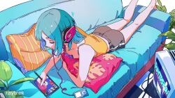 Rule 34 | 1girl, animated, black shorts, blue hair, breasts, couch, downblouse, drawing, drawing tablet, headphones, hugging object, indoors, interior, ligton1225, lying, on stomach, orange tank top, original, pillow, pillow hug, plant, raytrek, shorts, small breasts, solo, tank top, television, the pose, video