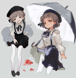 Rule 34 | 1girl, beret, black footwear, black headwear, black ribbon, black skirt, blush, brown eyes, cat, clothes lift, collared shirt, cropped legs, dress shirt, expressionless, fish, flower, goldfish, grey background, hair flower, hair ornament, hair ribbon, hat, hatoba tsugu, head tilt, highres, holding, holding umbrella, long sleeves, looking ahead, looking at viewer, looking up, mole, mole under eye, multiple views, myuu1995, neck ribbon, open mouth, outstretched legs, pantyhose, parted lips, ribbon, shirt, shirt tucked in, shoes, short hair, simple background, sitting, skirt, skirt lift, smile, suspender skirt, suspenders, tsugu (vtuber), umbrella, umbrella over shoulder, virtual youtuber, white flower, white pantyhose, wind, wind lift